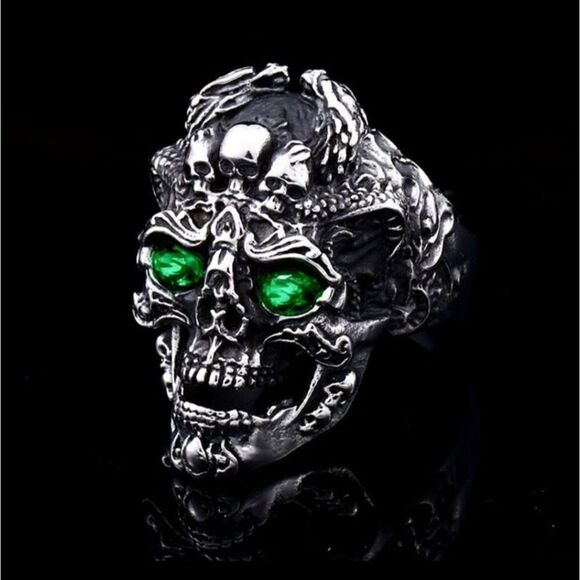 Brand New Silver Green Eyes Skulls Heads Ring Adjustable Size - Picture 1 of 8